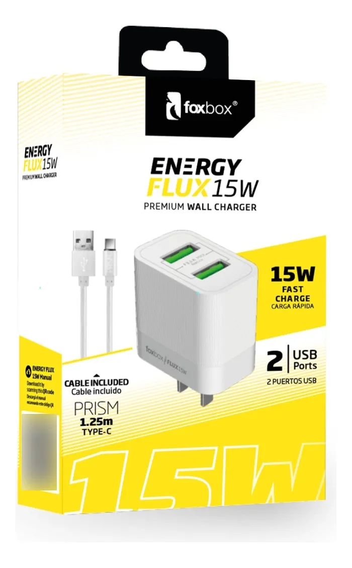 CARGADOR DE PARED FOXBOX FLUX 15W CON CABLE PRISM TYPE C BLANCO