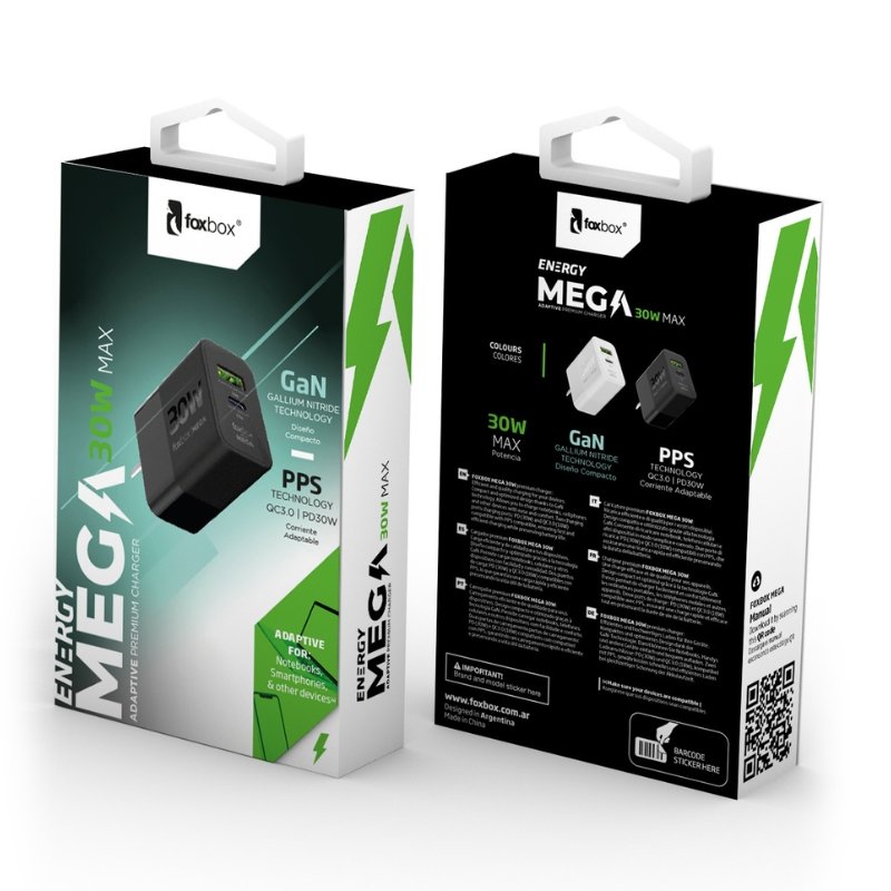 CARGADOR DE PARED GAN FOXBOX MEGA 30W BLANCO
