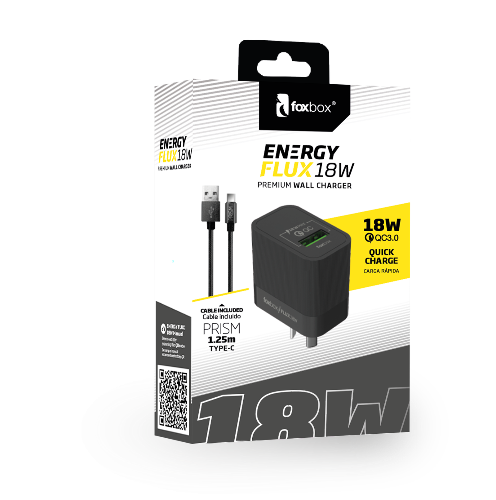 CARGADOR DE PARED FOXBOX FLUX 18W QC CON CABLE PRISM LIGHTNING