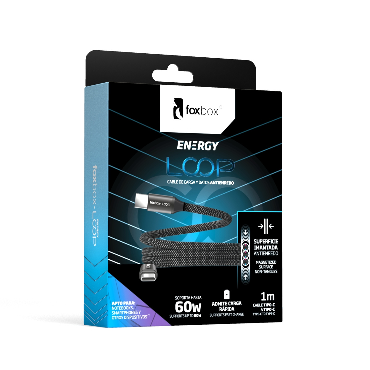 CABLE MAGNETICO FOX BOX LOOP TYPE-C A TYPE-C 60W NEGRO