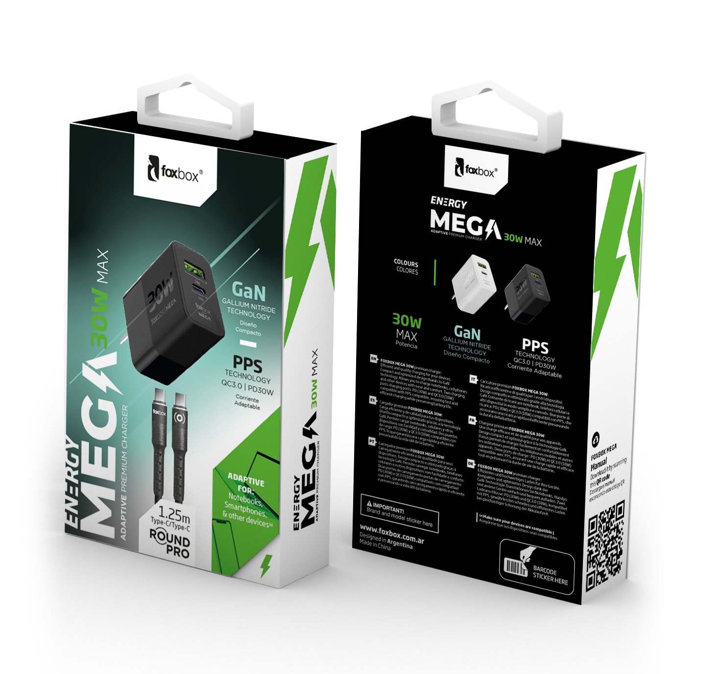 CARGADOR GAN FOX BOX MEGA 30W BLANCO CON CABLE LOOP C-C 60W NEGRO