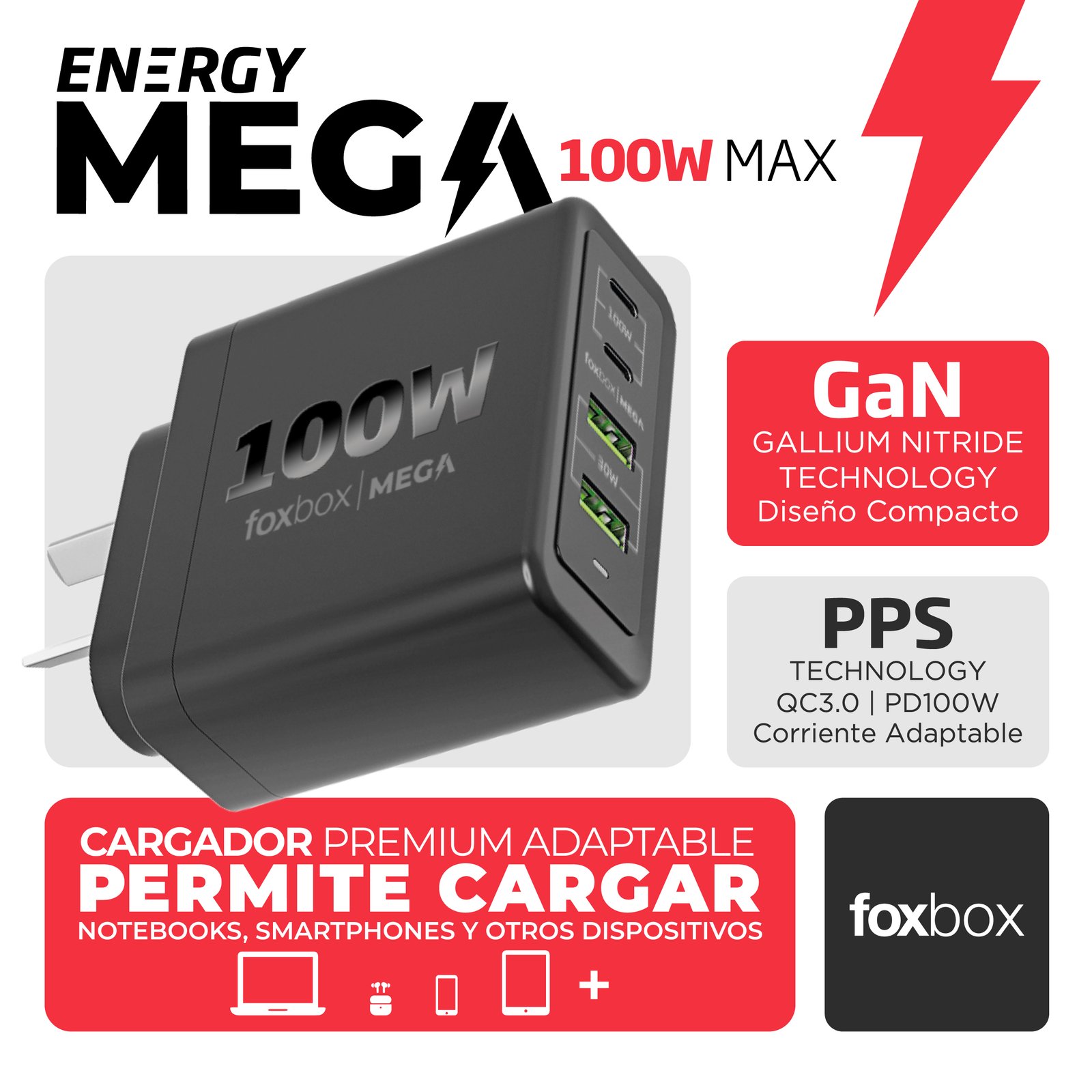 CARGADOR DE PARED GAN FOXBOX MEGA 100W - Imagen 3
