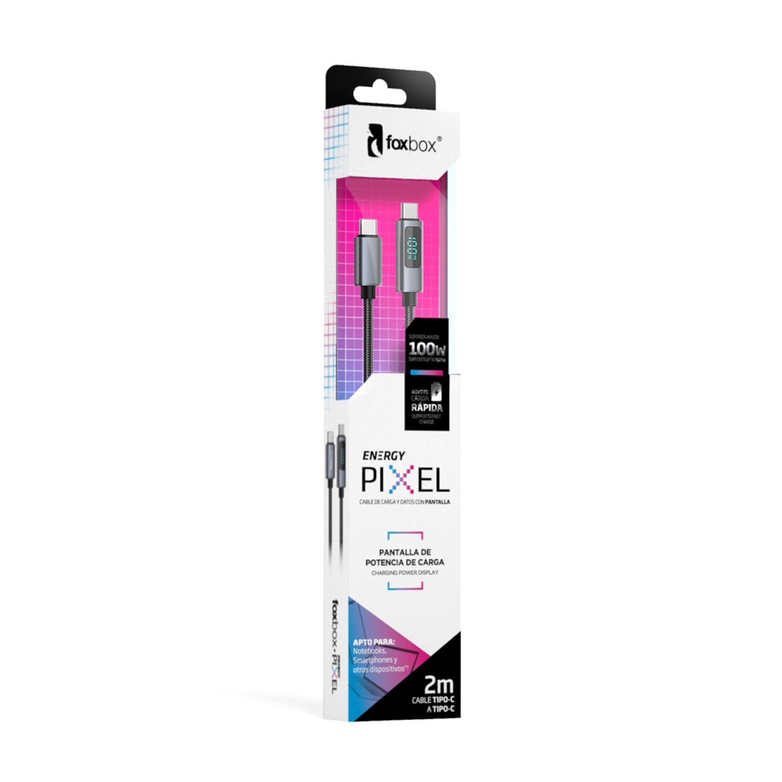 CABLE LCD DISPLAY FOX BOX PIXEL TYPE-C A TYPE-C 100W NEGRO