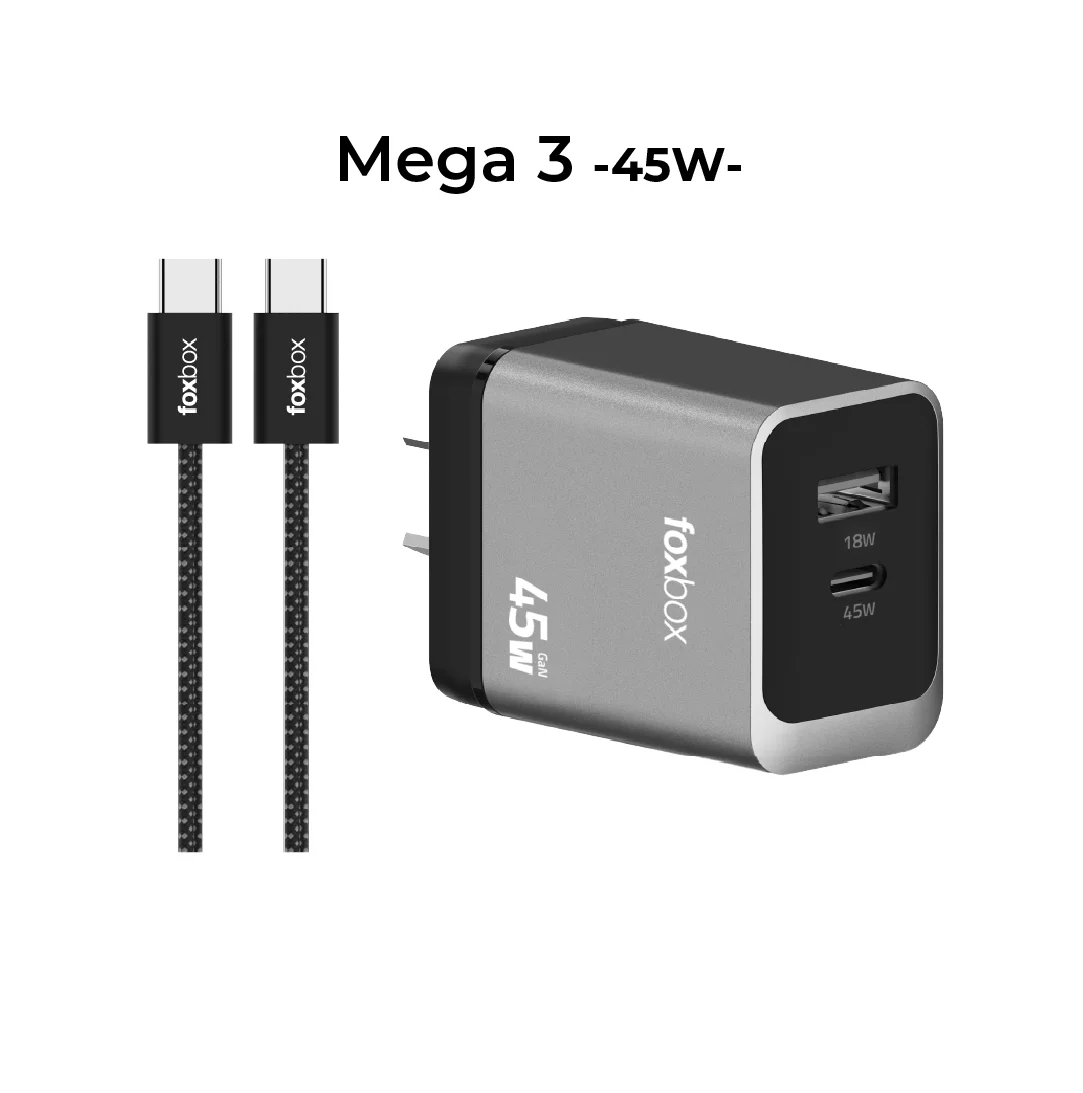 CARGADOR DE PARED FOXBOX MEGA 3 45W PD QC CON CABLE TIPO C A TIPO C