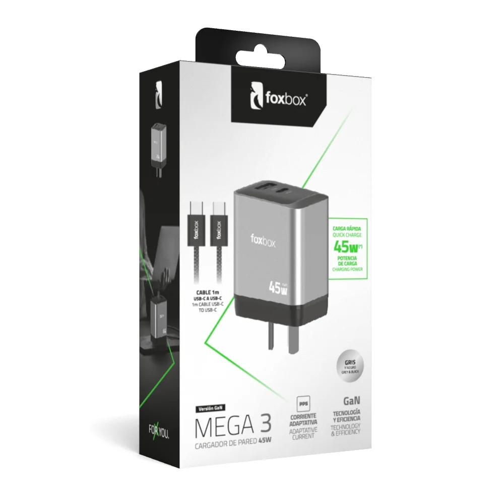 Alternative view of CARGADOR DE PARED FOXBOX MEGA 3 45W PD QC CON CABLE TIPO C A TIPO C