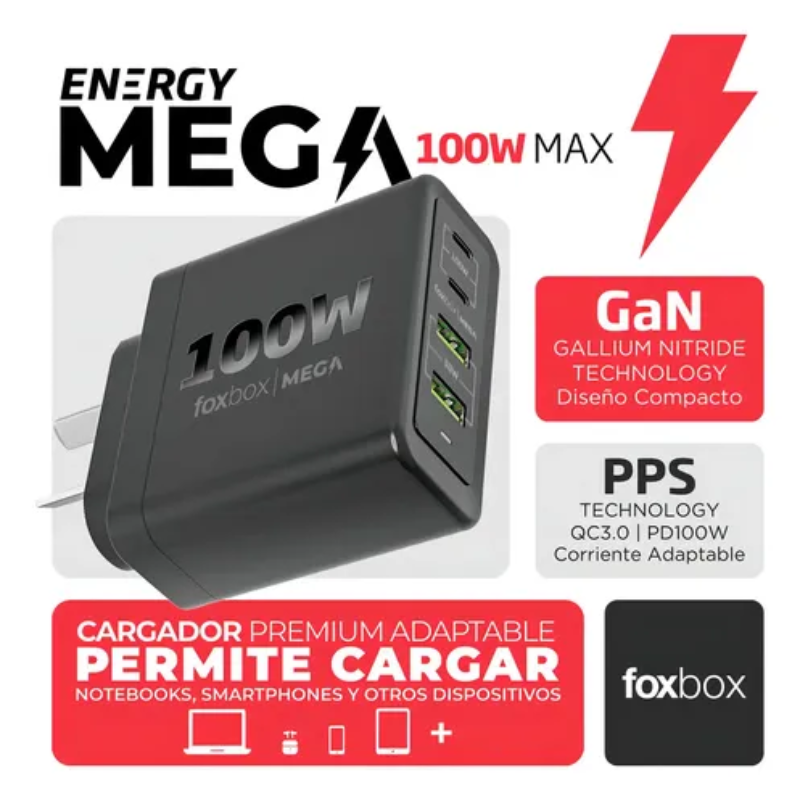 CARGADOR DE PARED GAN FOXBOX MEGA 100W NEGRO - Imagen 3