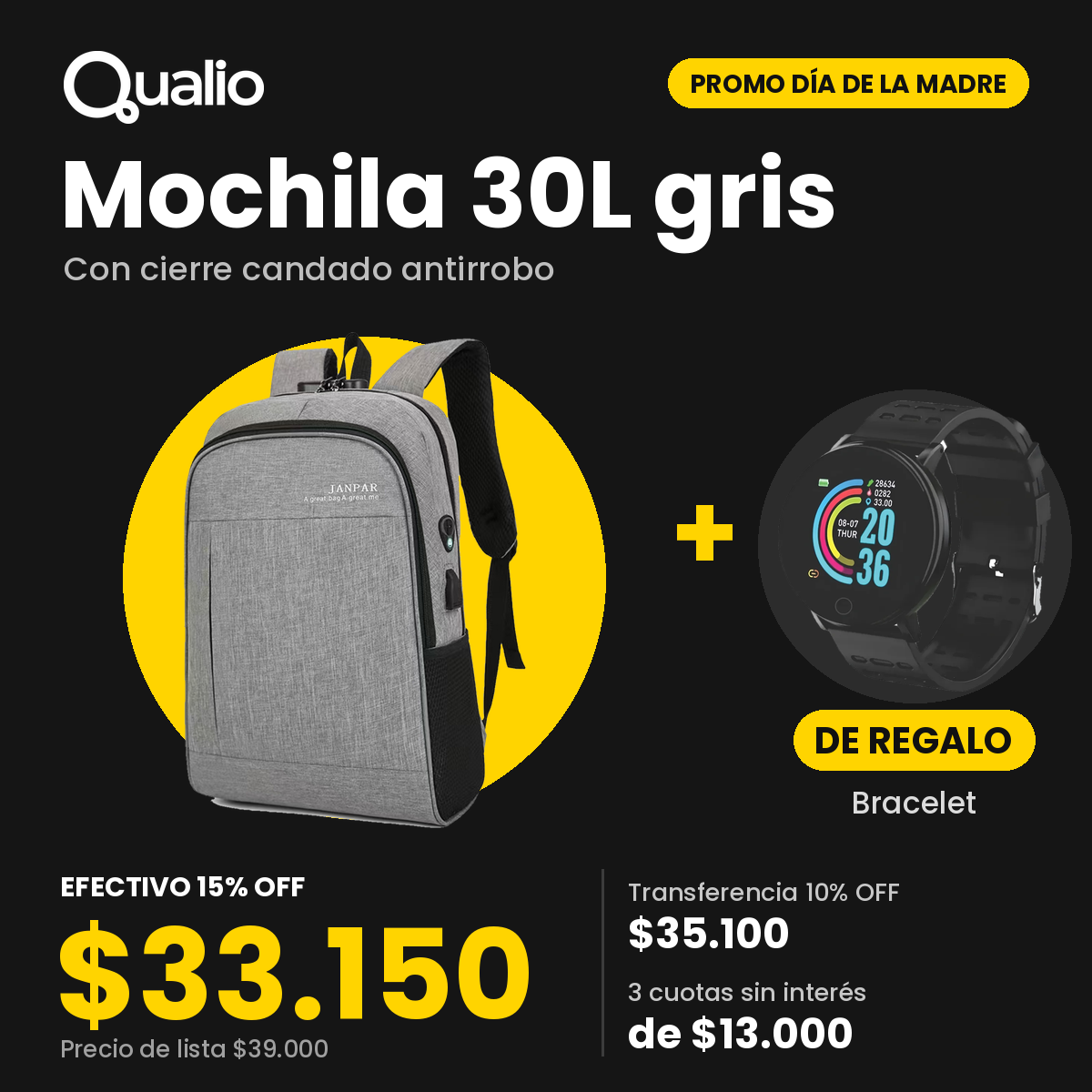 MOCHILA 30 LITROS GRIS CON CIERRE CANDADO ANTIROBO